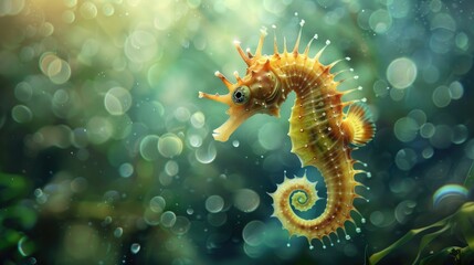 Yellow seahorse with green bokeh background.