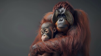 Obraz premium Endangered Species Day. An orangutan hugs its baby, a portrait that depicts sadness because this species has lost its home