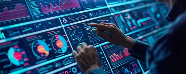 A data analyst visualizing key metrics on an interactive screen, optimizing business processes with predictive analytics