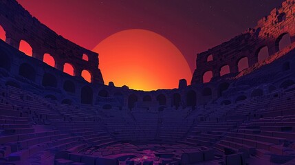 A large empty stadium with a large orange sun in the background