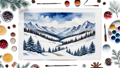 watercolor landscape winter painted art blue building cabin chalet christmas clear cold conifer cool forest frost holiday home horizontal house ice idylli illustration image light nature nobody