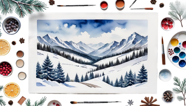 watercolor landscape winter painted art blue building cabin chalet christmas clear cold conifer cool forest frost holiday home horizontal house ice idylli illustration image light nature nobody