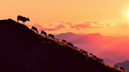 Fototapeta premium A herd of sheep are walking up a hill