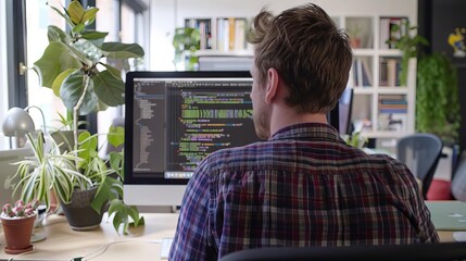 A developer troubleshooting software issues in a virtual coding environment, working alongside distributed teammates