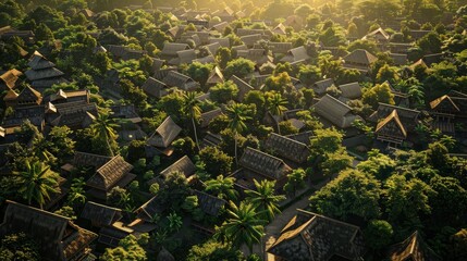 A lush green jungle with many houses and palm trees