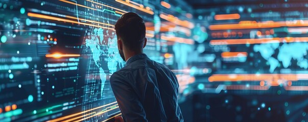 A developer using machine learning algorithms to optimize data on a giant monitor, with code flowing in the background