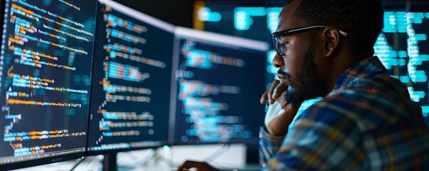 A developer using machine learning algorithms to optimize data on a giant monitor, with code flowing in the background
