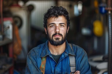 Obraz premium Portrait of an attractive young man with a beard working in the garage, wearing blue workwear and overalls, looking at the camera, with a confident expression on his face.