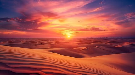 A stunning sunset over a vast desert landscape with sand dunes stretching to the horizon.