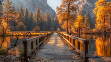 Serene Boardwalk amidst Autumn's Embrace in Yosemite National Park