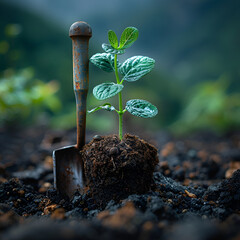 plant in soil with slomo growing,
 A Shovel With a Plant Growing Out of It 