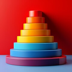 3D rendering of a colorful stepped cylinder on a blue surface against a red background.