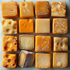 A Towering Symphony of Cheese Cubes,
A cheese cube topped with cheese flying cheese yellow background
