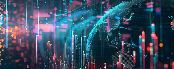 A futuristic digital globe with holographic charts and data points, symbolizing the interconnectedness of global markets