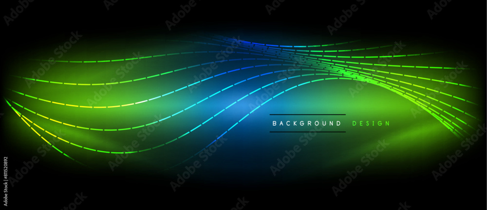 Poster A vibrant display of electric blue and magenta neon lights creating a visually stunning visual effect on a dark background, resembling a wave in outer space, enhanced by lens flare and artful font