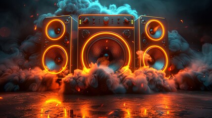 Music speaker or subwoofer in studio background with smoke and neon glow, suitable for night club or dance festival advertisement.