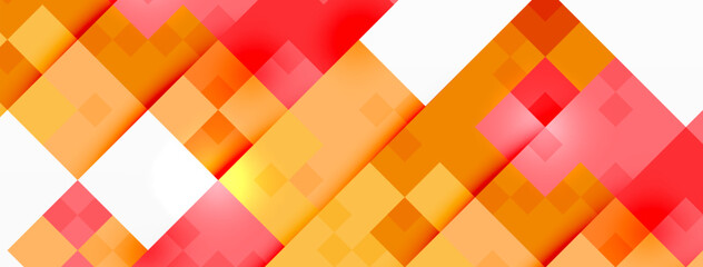An abstract background featuring shades of red, orange, pink, and amber squares arranged symmetrically on a white backdrop, creating a vibrant and colorful plaid pattern