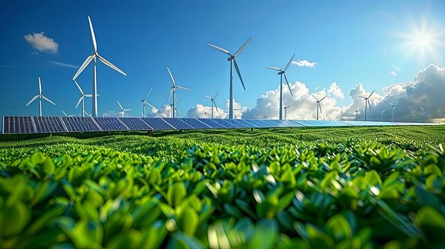 Ecological technologies, such as solar panels and wind turbines, stand against a clear sky. - Powered by Adobe
