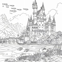 Obraz premium Coloring pictures for children and adults A castle under the sea with fish swimming around.