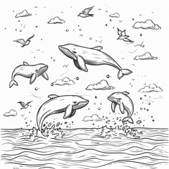 Fototapeta premium Coloring pictures for children and adults Pictures of humpback whales rising above the sea and birds flying in the sky.