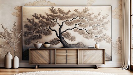 A large painting of an elegant tree with black branches is hanging on the wall in Japandi interior style, beige walls and modern furniture, vases and art objects on top of cabinet. 