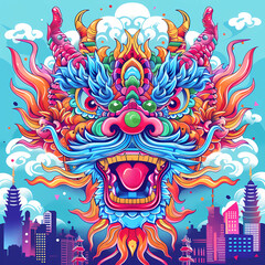 A colorful cartoon Chinese dragon head