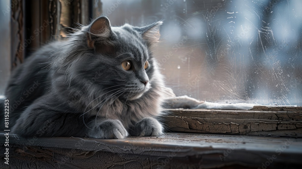 Poster grey cat with a fluffy coat resting on the window ledge