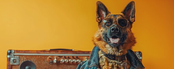 A German Shepherd dressed in a denim jacket and sunglasses leans on an amplifier, channeling a rock music vibe on a vibrant orange background.