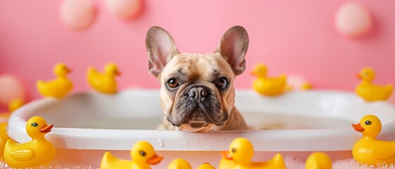 A cute French Bulldog enjoys a relaxing bubble bath surrounded by yellow rubber ducks, set against a soft pink background.