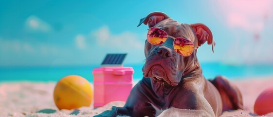 A relaxed dog enjoys a sunny beach day, equipped with sunglasses and resting next to a vibrant pink cooler under a clear blue sky.