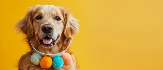 Cheerful Golden Retriever wearing a collar decorated with colorful balls, set against a vibrant yellow background.