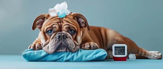 A Bulldog lies down with ice packs on its head, cooling off next to a digital timer displaying high temperature.