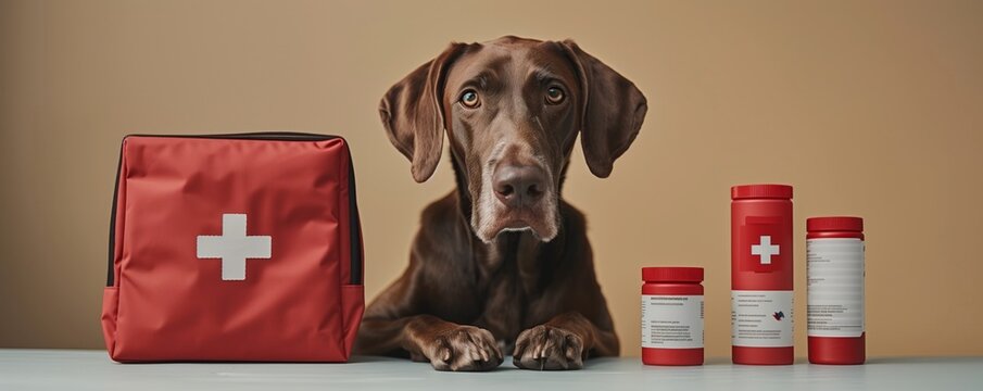 Serious Pointer dog lying next to a red first aid kit and medicine bottles, representing pet health and safety.