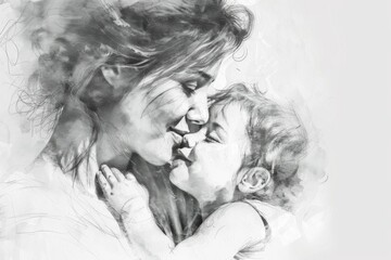 Monochrome artistic rendering of a mother kissing her young child