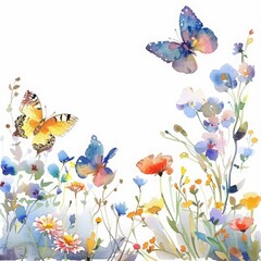 The watercolor painting features a lovely garden scene with butterflies fluttering around flowers, simple yet engaging, Clipart minimal watercolor isolated on white background