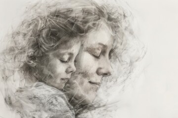 Mother and child embrace in a dreamy black and white illustration