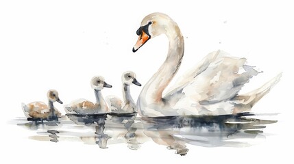 This watercolor painting captures a lovely moment of a mother swan with her cygnets, simple, and sweet, Clipart minimal watercolor isolated on white background