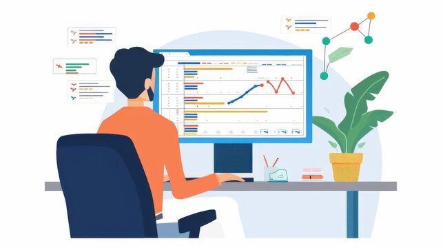 A project manager updating task progress on a Gantt chart while in a video conference with the team