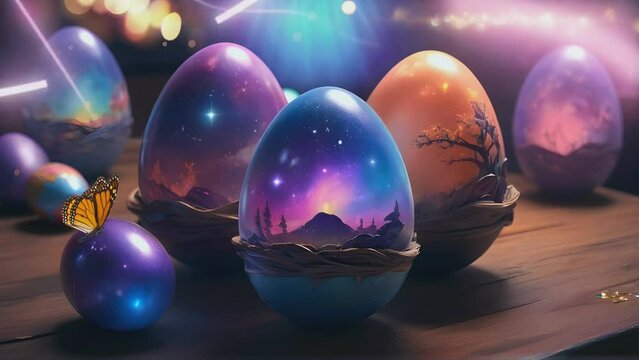 Easter day background with Easter eggs on a wooden table and a background of twinkling bokeh lights, seamless looping time lapse virtual 4k video animation background.