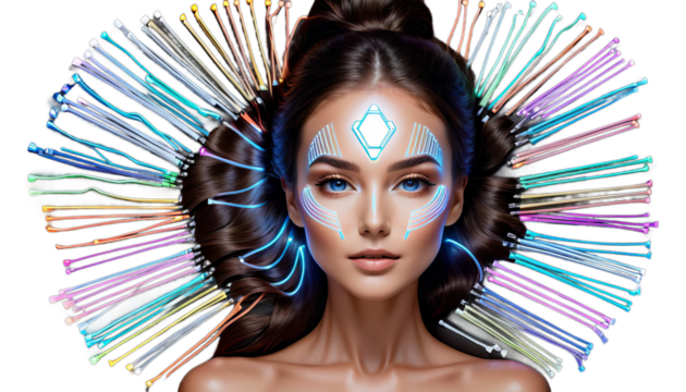 transforming woman lines face s glowing transformation beauty abstract futuristic technology innovation creativity artistic line portrait female digital art enhance make-up cosmetic skincare radiance