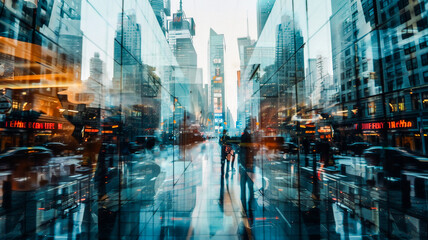 double exposure of cityscape and street view and people .
