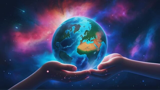 world kindness day, background for world kindness day with two hands holding the earth on a colorful background, seamless looping time lapse virtual 4k video animation background