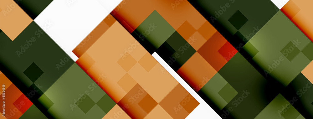 Poster a detailed close up of a vibrant geometric pattern featuring rectangles, triangles, and shades of or