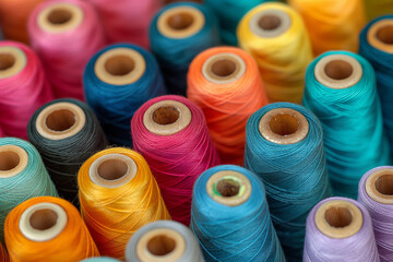 Close up Sewing threads multicolored background, Threads in a tailor textile fabric.