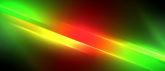 A vibrant color scheme of red, yellow, and green light beams against a dark black background creates a striking contrast reminiscent of a glowing horizon at dusk