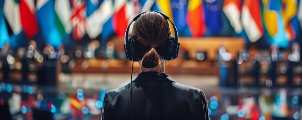 A translator interpreting at a global business conference, wearing headphones and surrounded by international flags