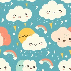 seamless pattern, cute image of white clouds smiling with sun, rainbow and sparkle.
