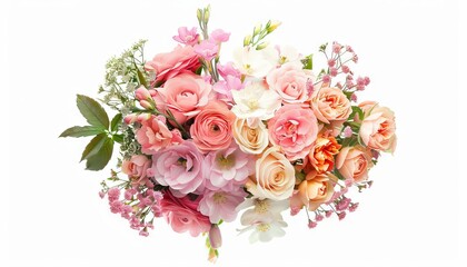 A bouquet of pink and white flowers on a white background. Generative AI.