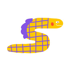 Cute underwater postcard with funny hand drawn doodle eel character, moray eel. Sea, ocean bottom reef cover, template, banner, poster, print. Cartoon style background for kids