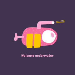 Cute underwater postcard with funny hand drawn doodle submarine, bathyscaphe, sub. Sea, ocean bottom reef cover, template, banner, poster, print. Cartoon style background for kids